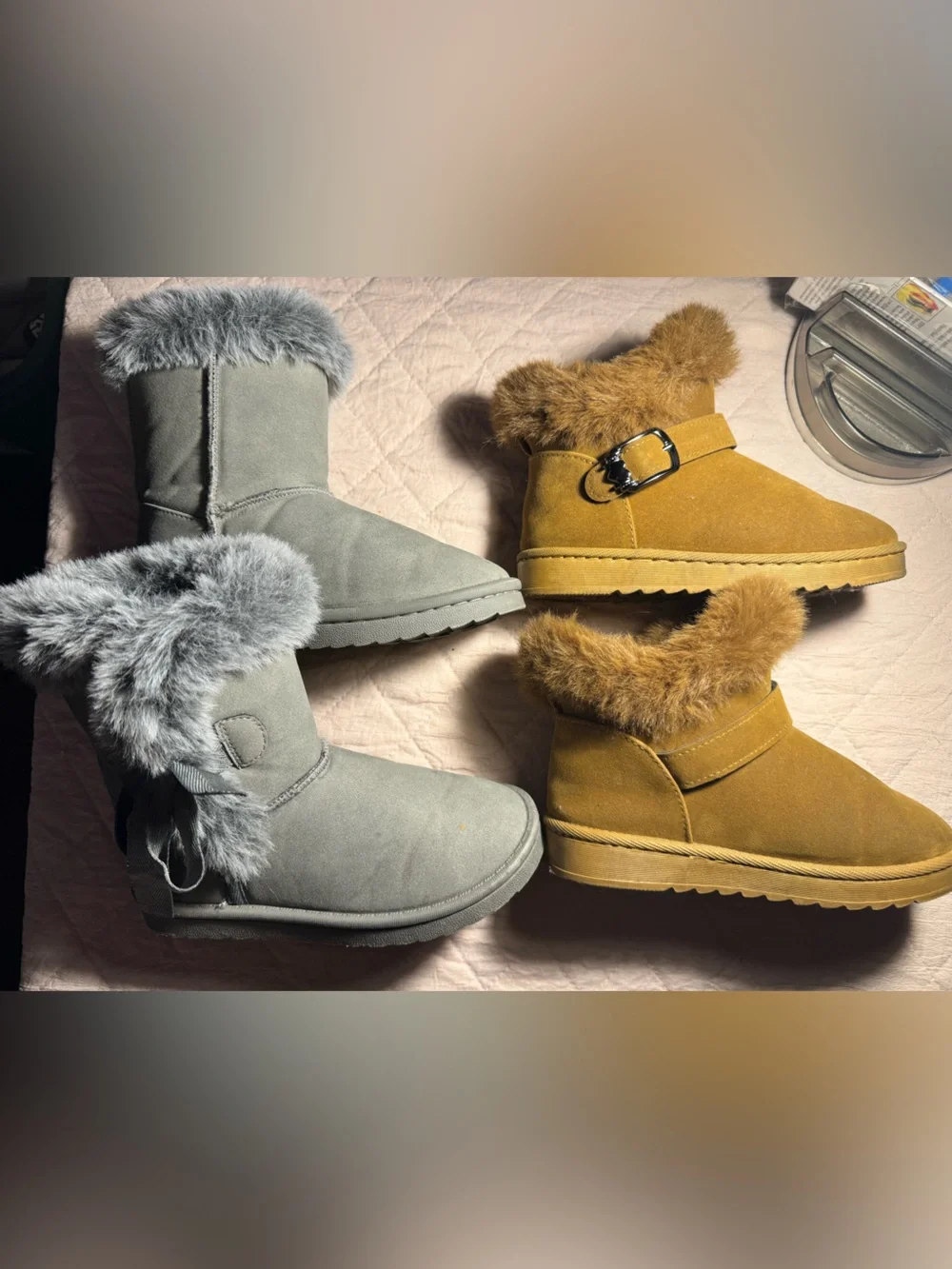 Amazon Girls Faux-Fur Ankle Winter Boots in Gray and Camel